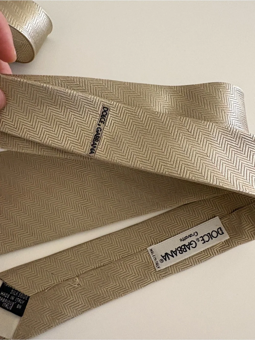 Dolce & Gabbana Beige Chevron Silk Scarf / Tie Accessory